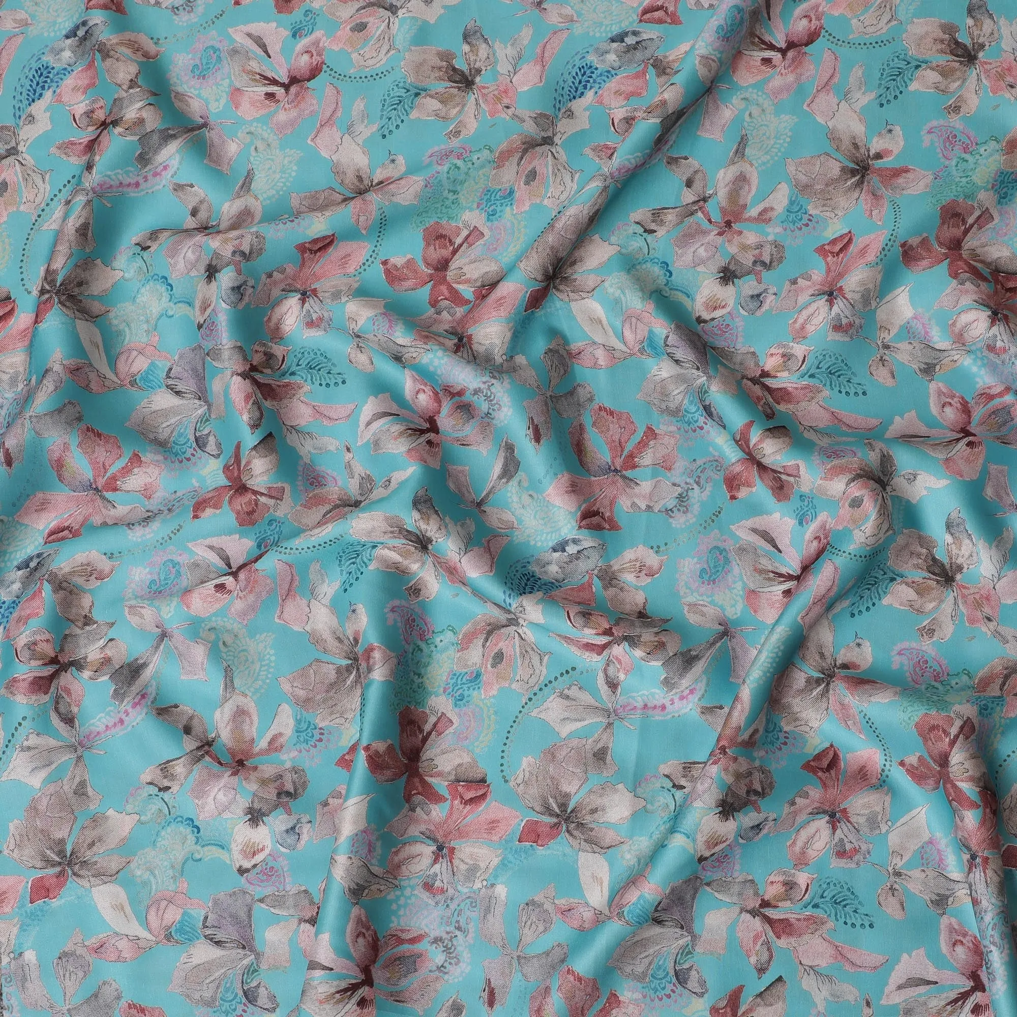 Vibrant Turquoise Blended Cotton Lawn Fabric - Pink Floral Pattern, 140 cms Width-D19161