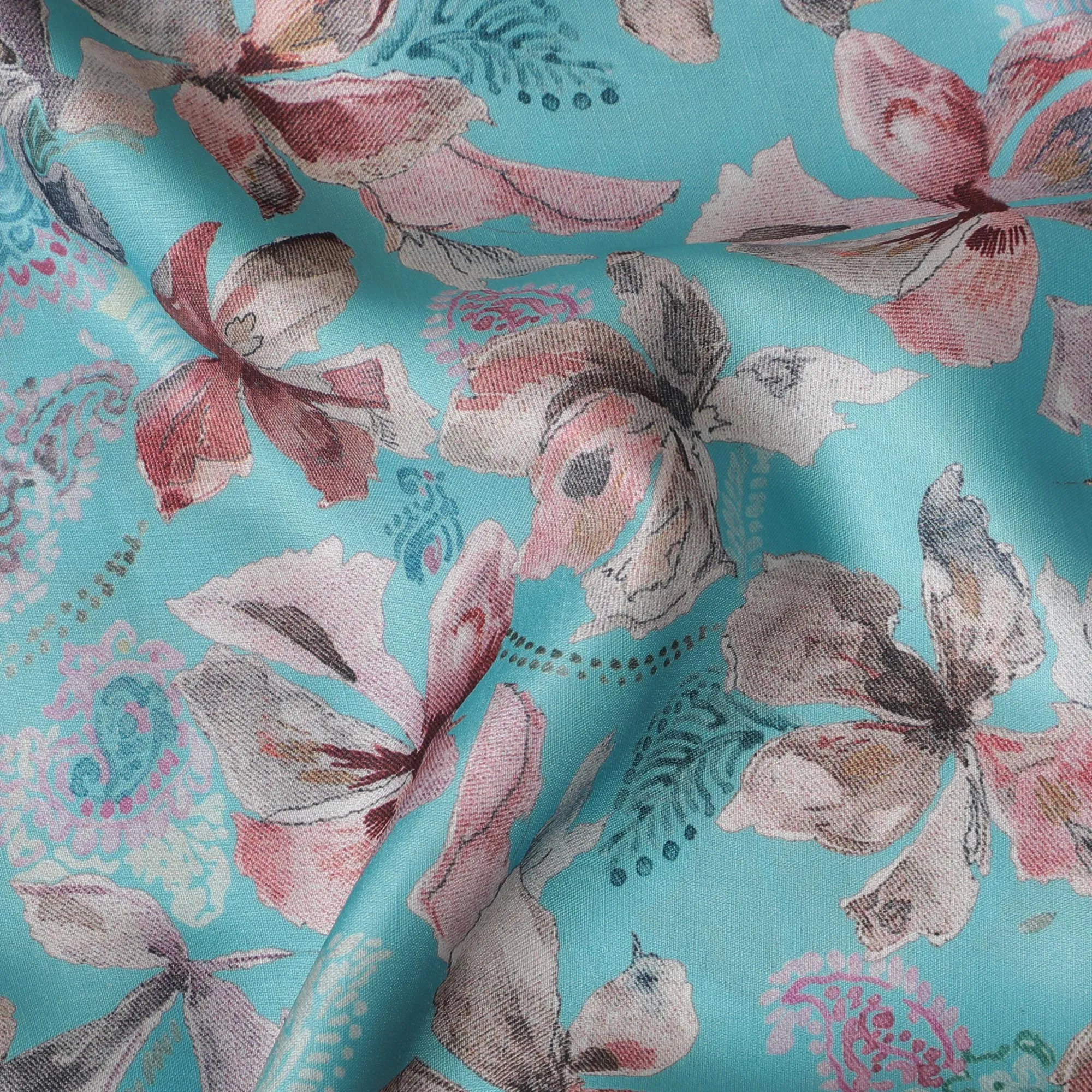 Vibrant Turquoise Blended Cotton Lawn Fabric - Pink Floral Pattern, 140 cms Width-D19161