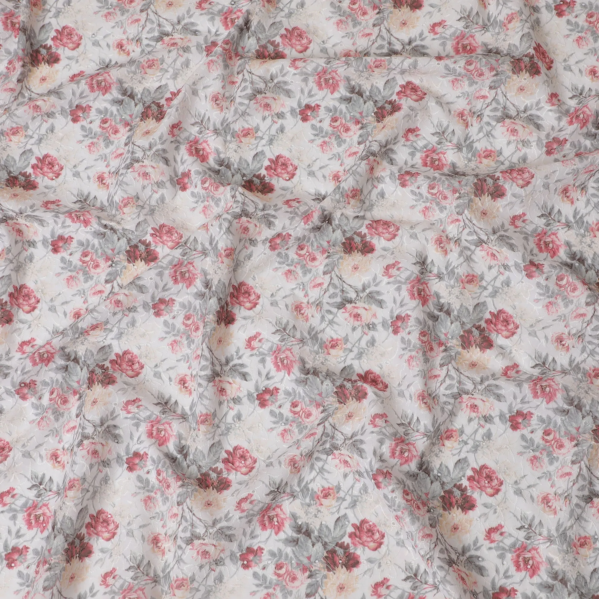 White Floral Embroidered Cotton Lawn Fabric - 110 cm Width, India-D19946