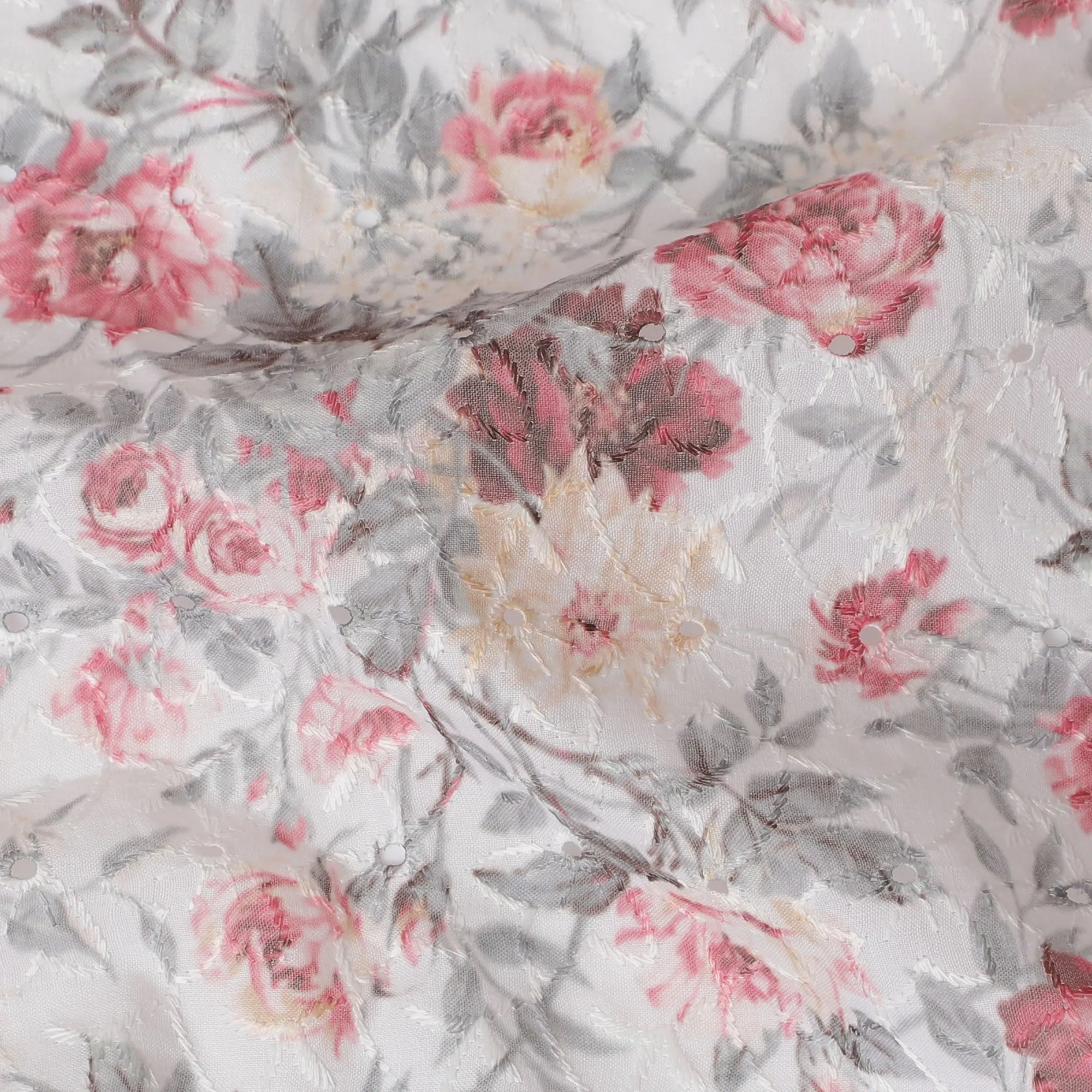 White Floral Embroidered Cotton Lawn Fabric - 110 cm Width, India-D19946