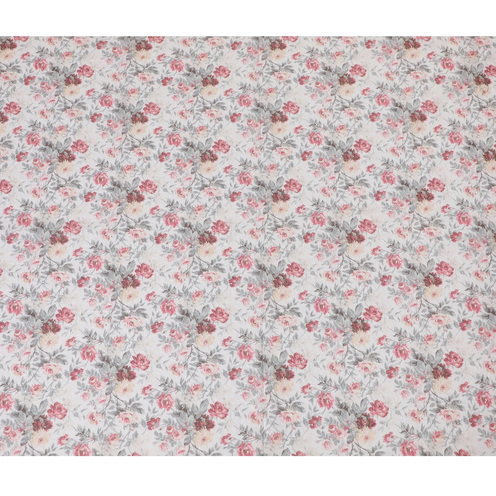 White Floral Embroidered Cotton Lawn Fabric - 110 cm Width, India-D19946
