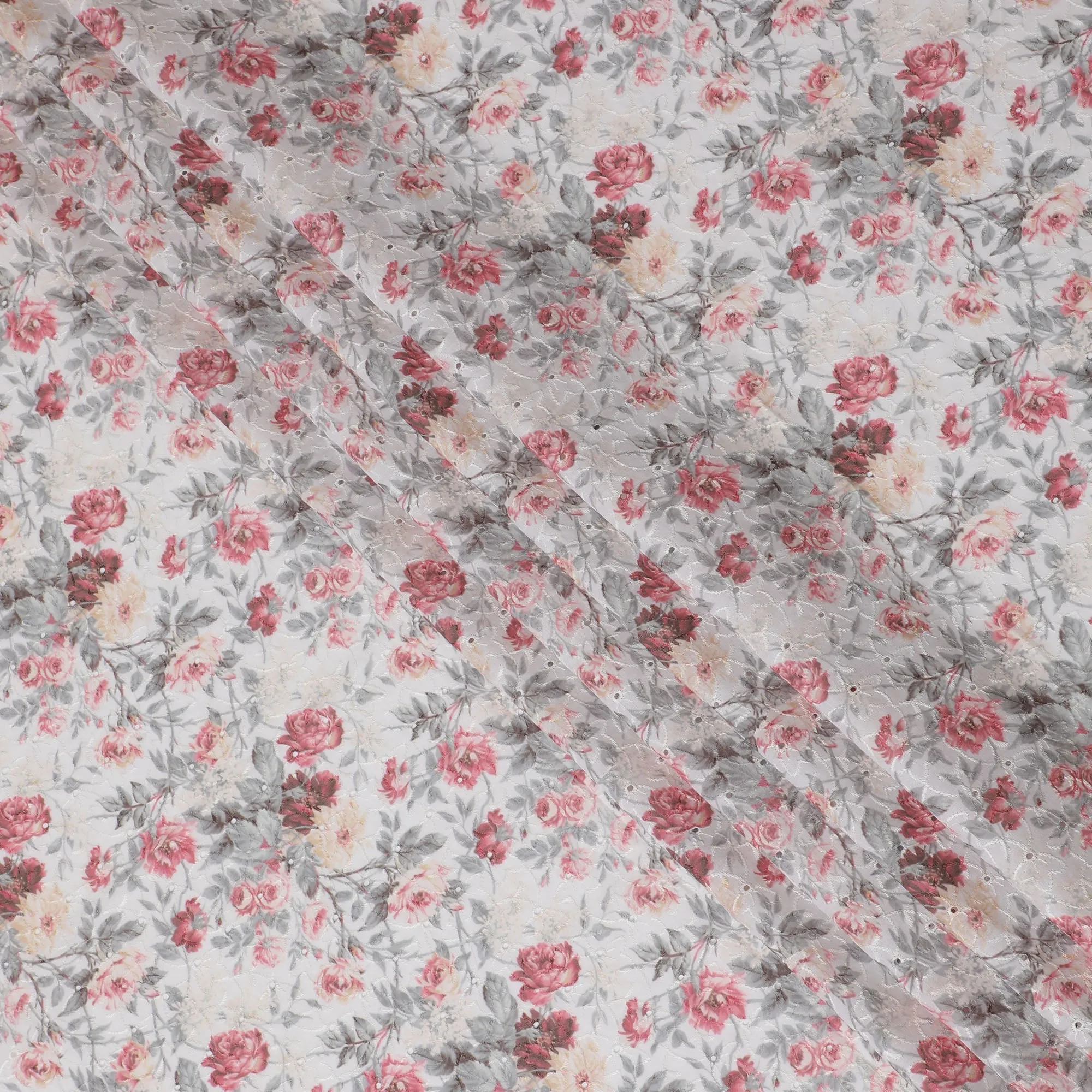White Floral Embroidered Cotton Lawn Fabric - 110 cm Width, India-D19946