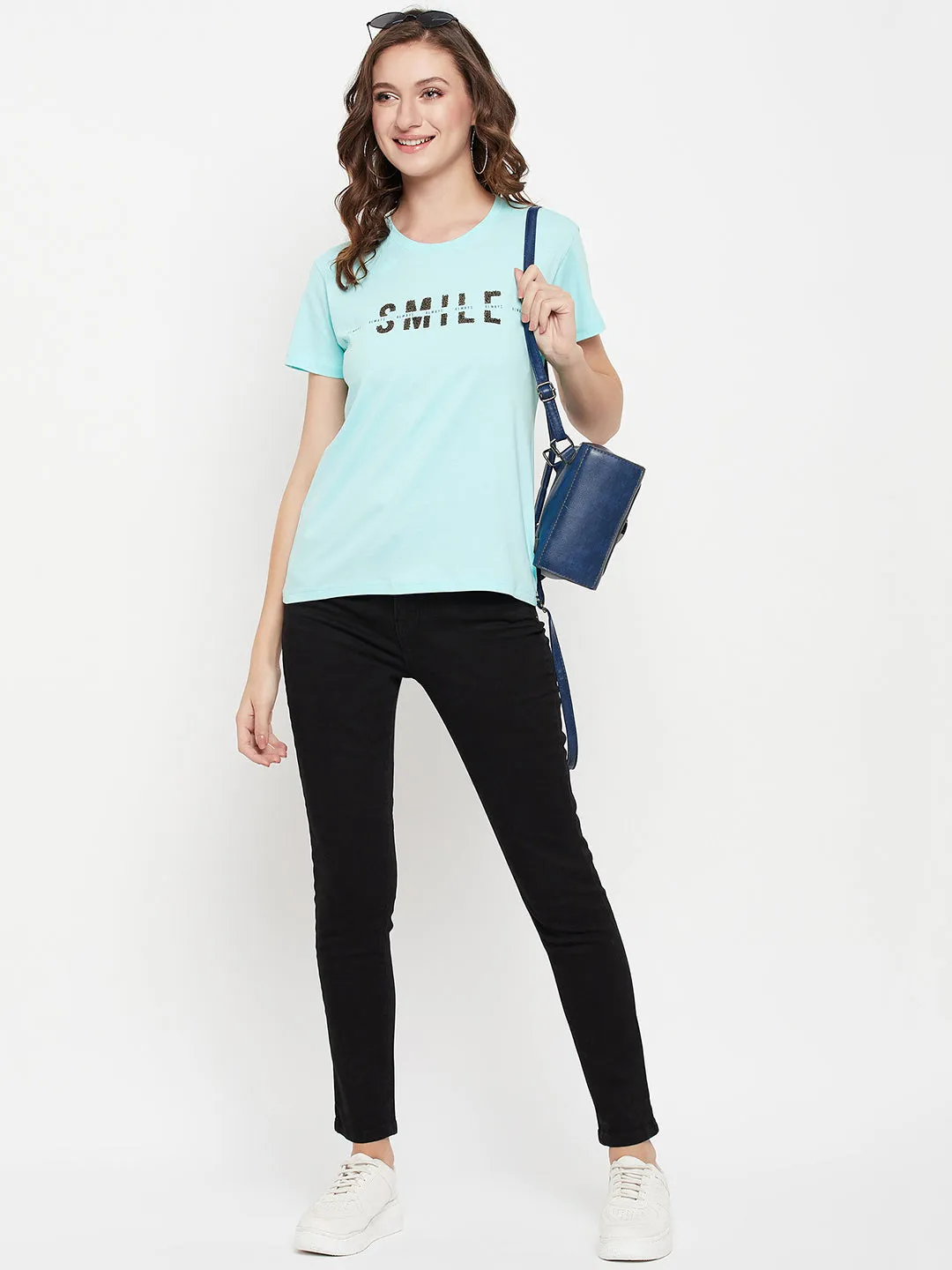 Women's Casual Regular Short Sleeve Aqua Round neck Typographic Print T-Shirt
