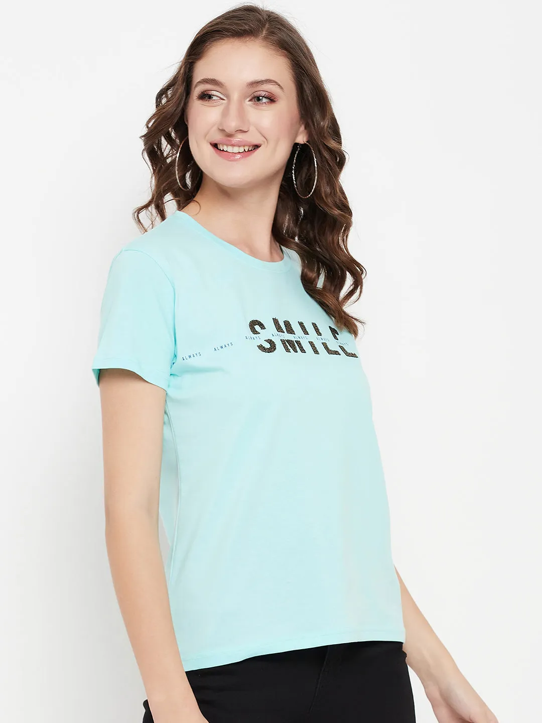 Women's Casual Regular Short Sleeve Aqua Round neck Typographic Print T-Shirt