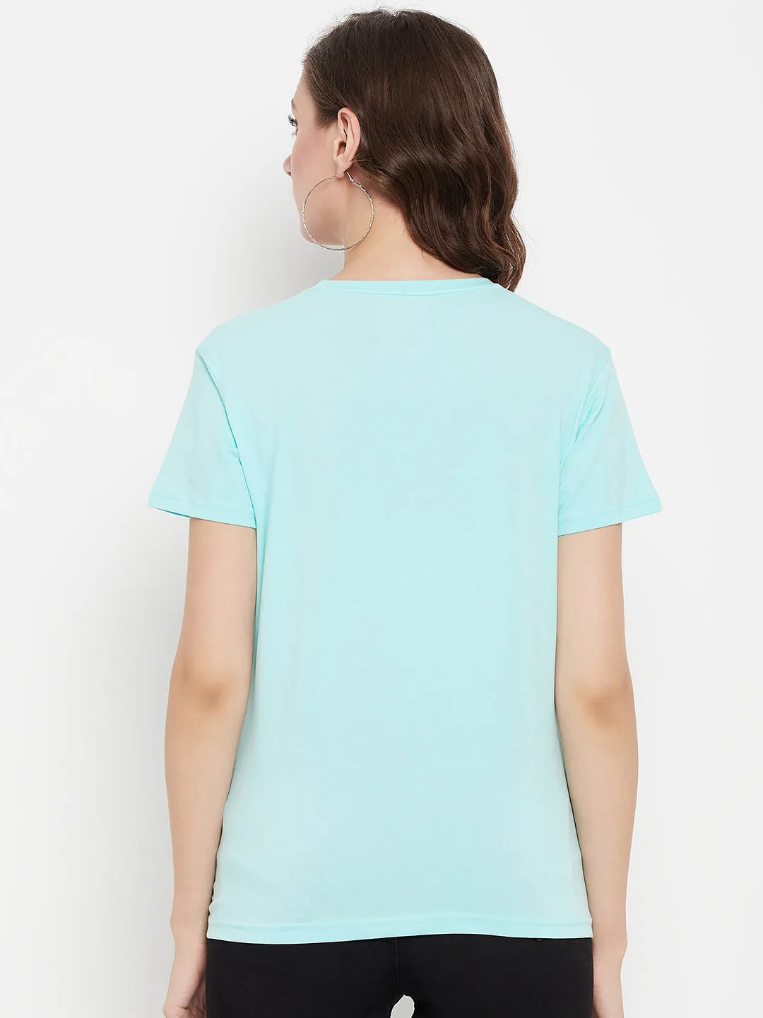 Women's Casual Regular Short Sleeve Aqua Round neck Typographic Print T-Shirt