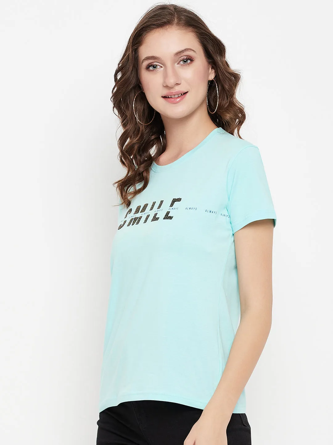 Women's Casual Regular Short Sleeve Aqua Round neck Typographic Print T-Shirt