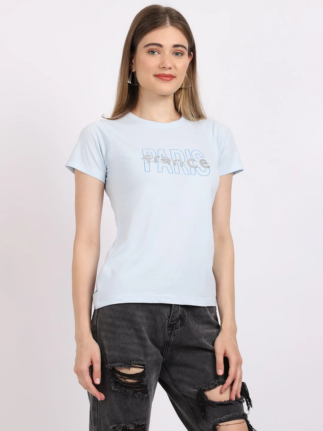 Women's Casual Regular Short Sleeve Sky Blue Round neck Typographic Print T-Shirt