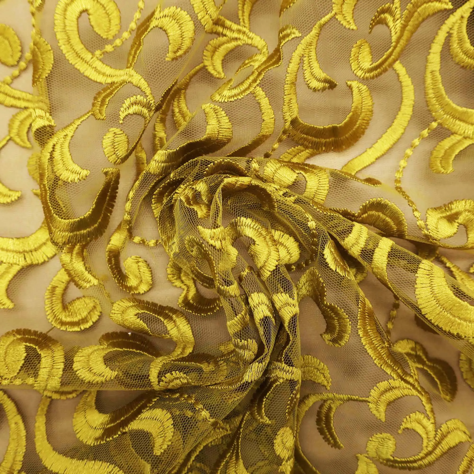 Yellow Abstract on Nude Embroidered Tulle Fabric
