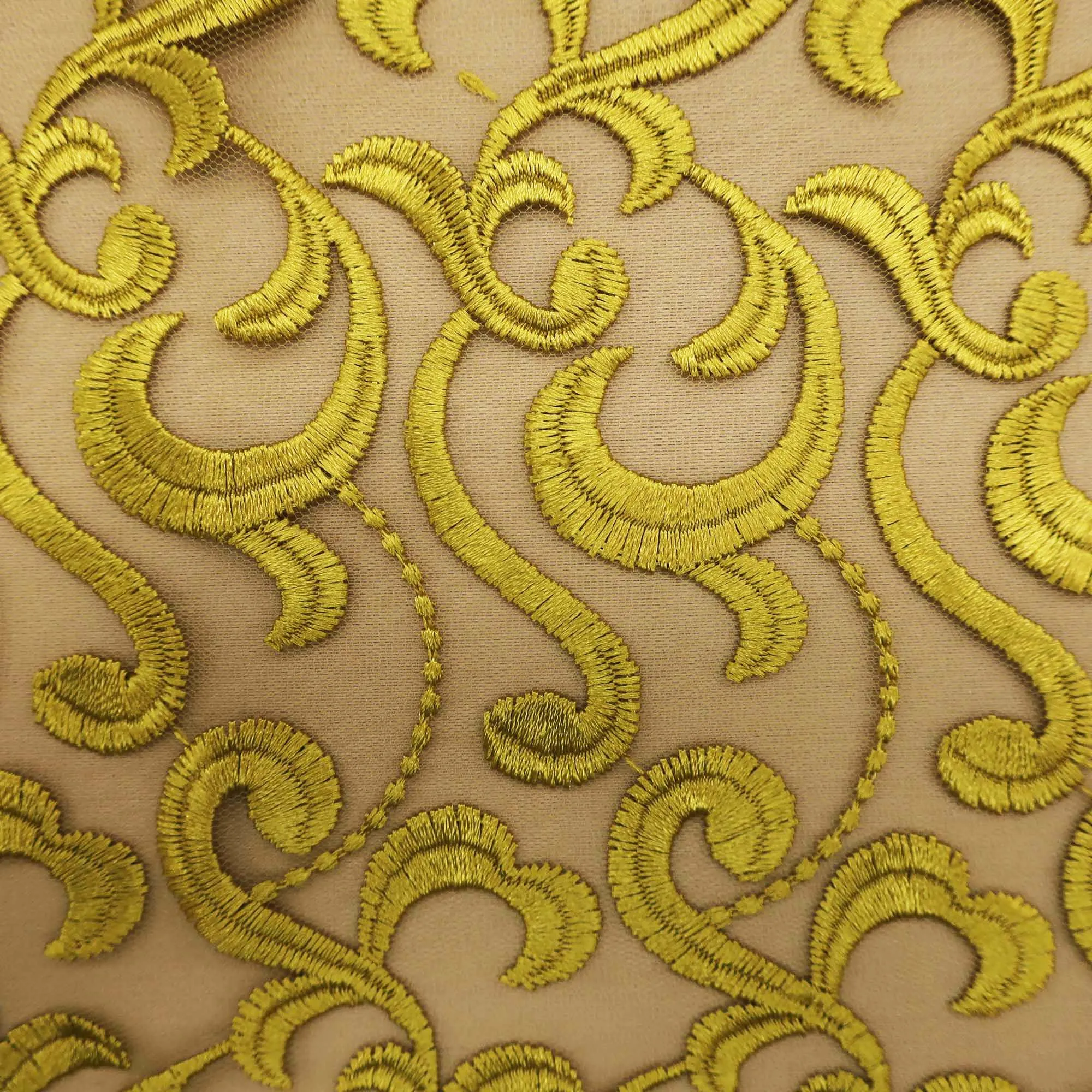 Yellow Abstract on Nude Embroidered Tulle Fabric