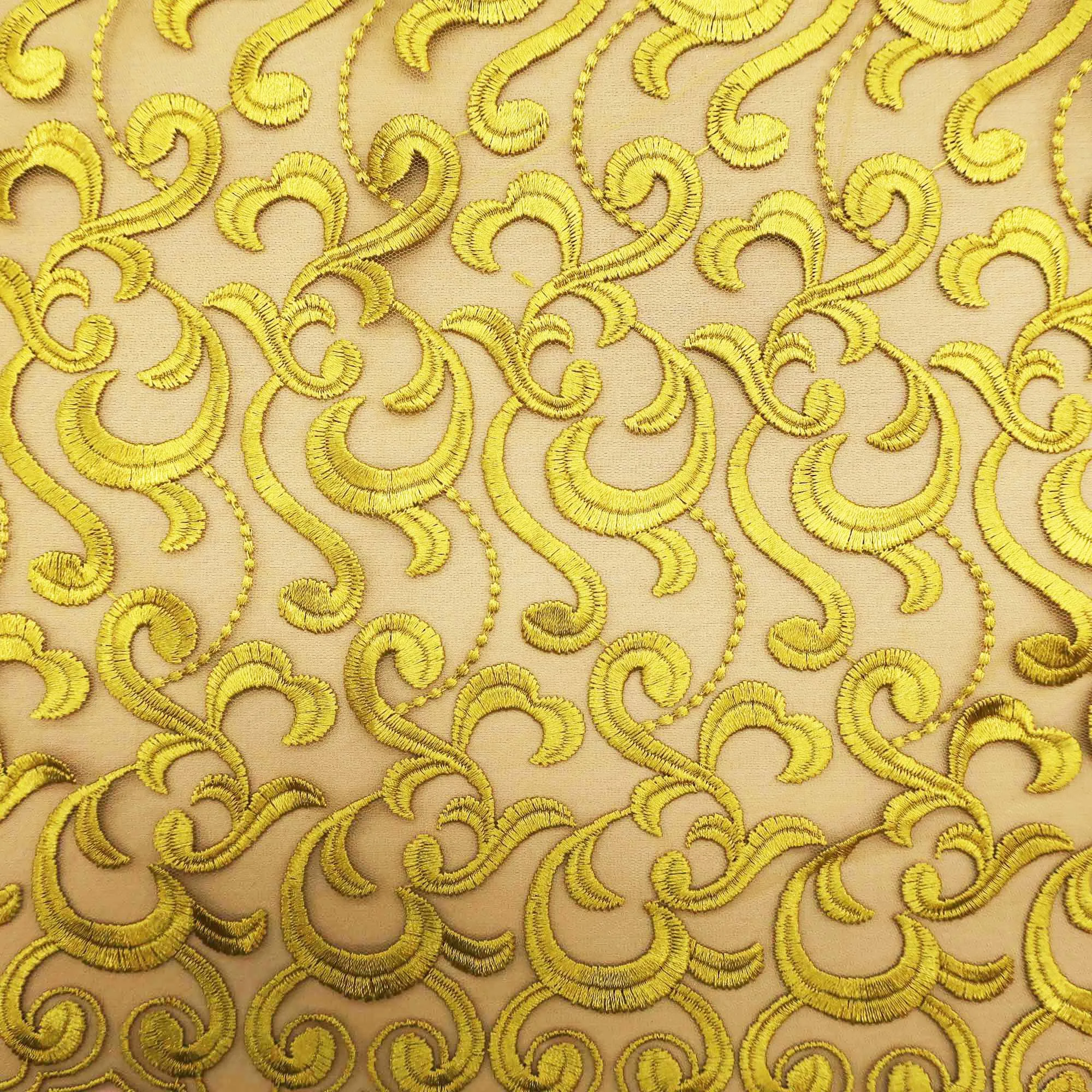 Yellow Abstract on Nude Embroidered Tulle Fabric
