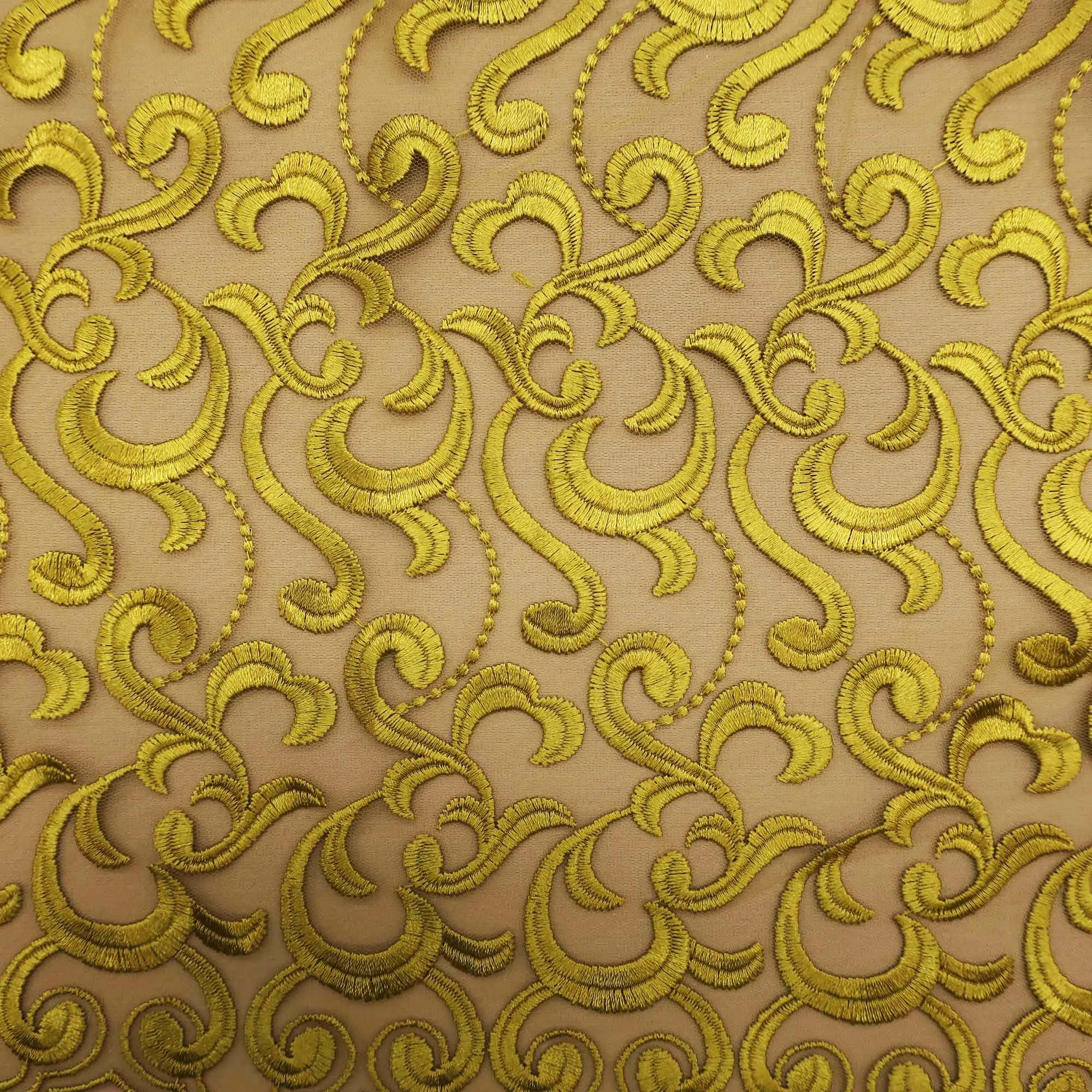 Yellow Abstract on Nude Embroidered Tulle Fabric