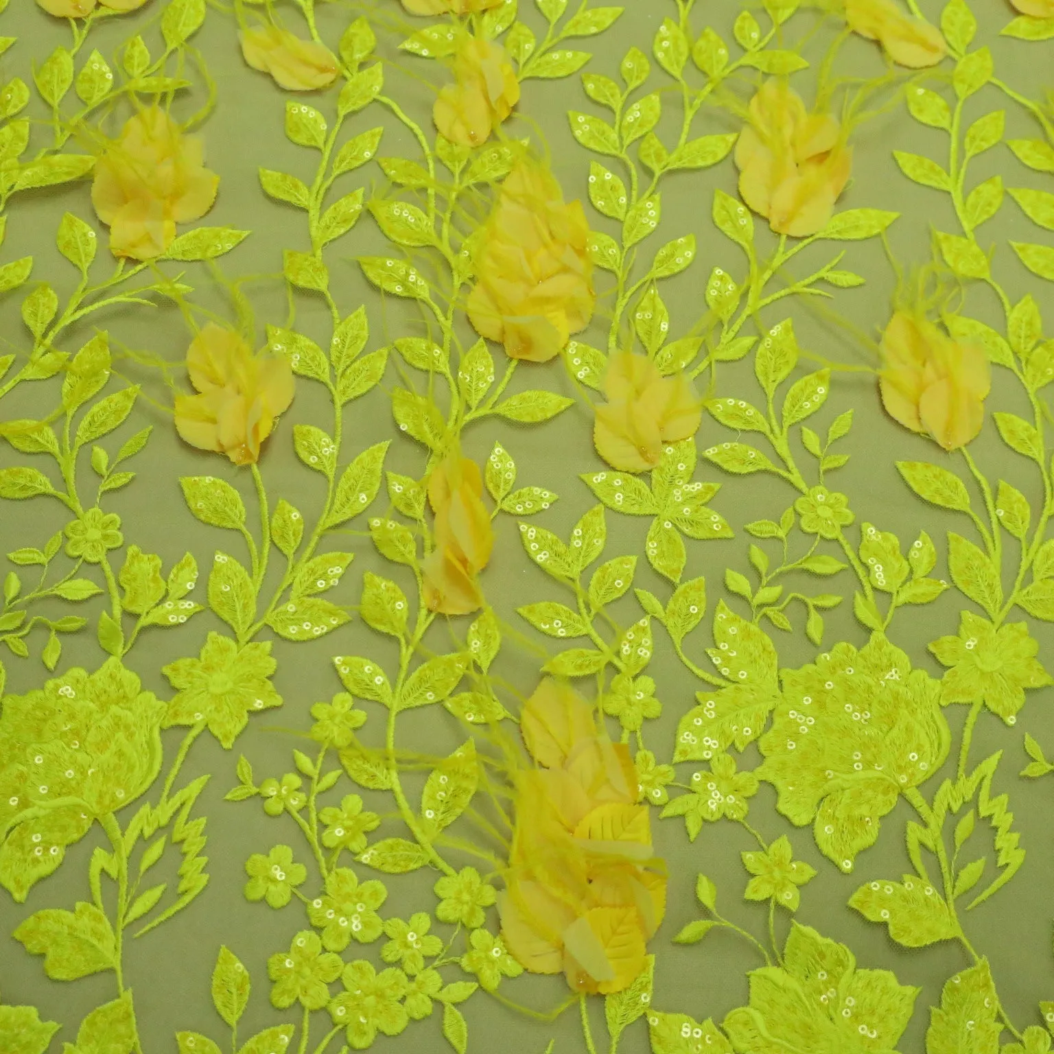 Yellow Beaded Feathered Embroidered Tulle Fabric